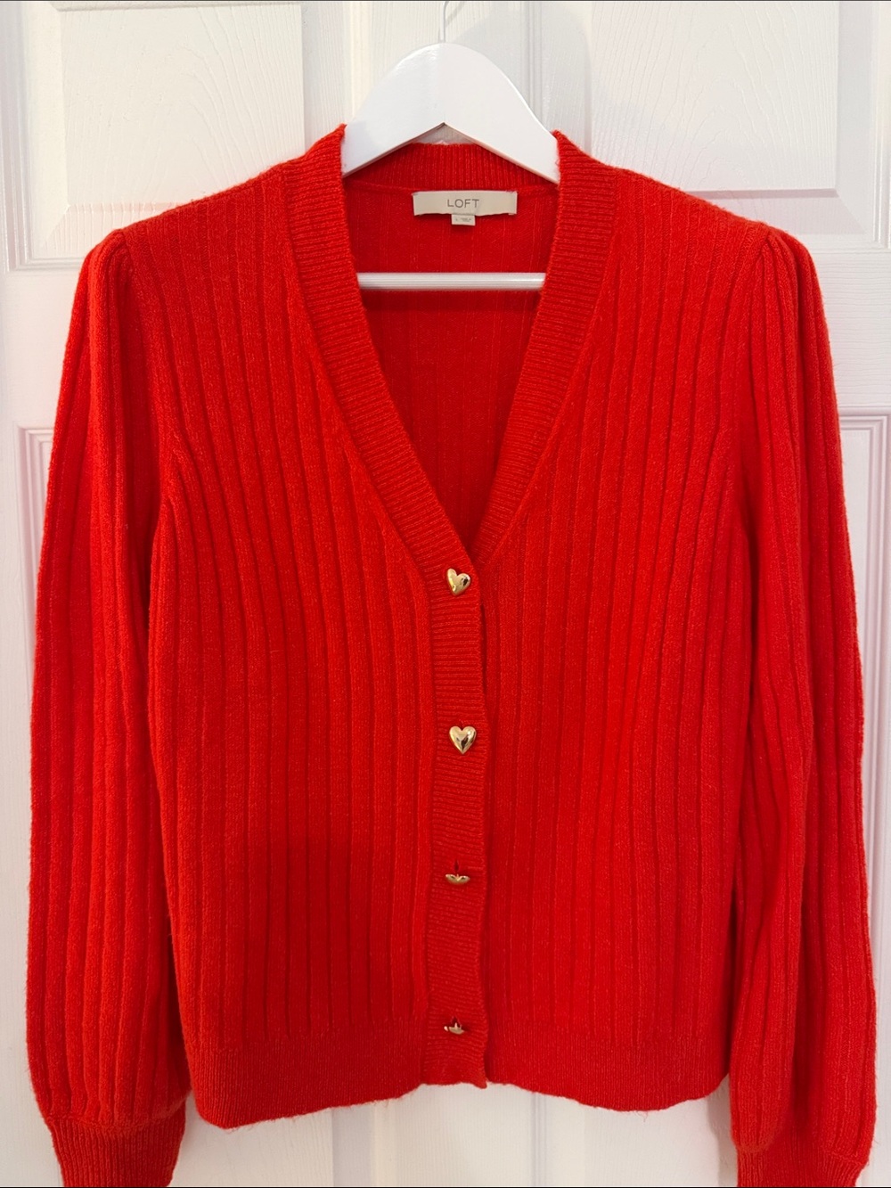 LOFT Bright Red Ribbed V-Neck Cardigan with Gold Heart Buttons